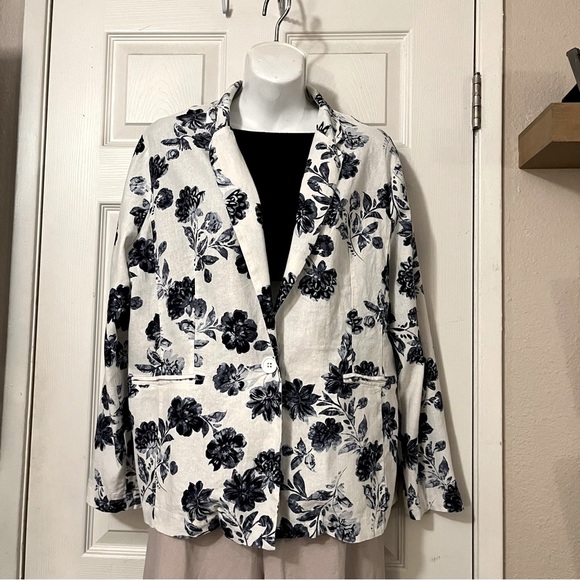 WILLIAM B Floral Blue & White Linen Rayon Blend Jacket Blazer 22” Pit to Pit L - Picture 2 of 9